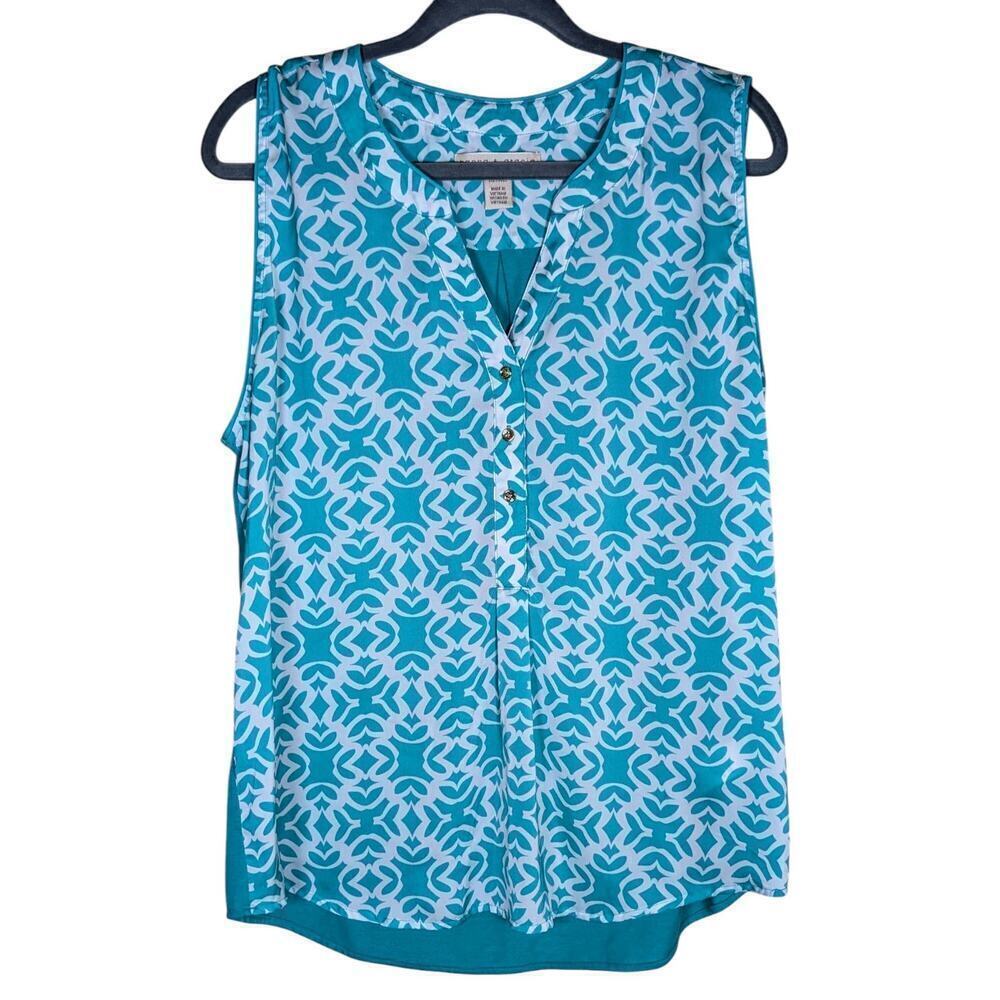 Hanna & Gracie Womens Top Blouse XL Sleeveless Green Batik V Neck Top